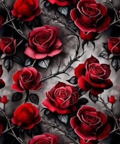 Red roses with black and gray leaves on a monochrome background seamless floral pattern