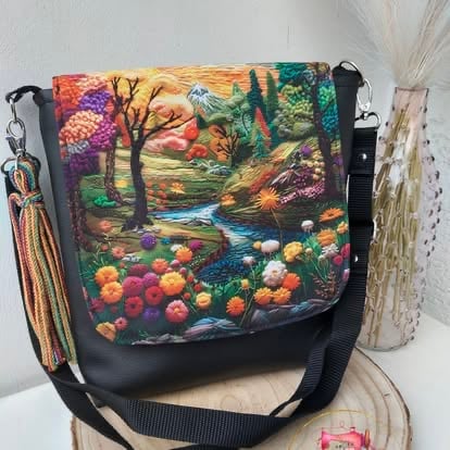 Black crossbody bag with colorful forest and flower artwork featuring trees, stream, and vibrant blooms