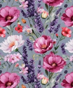 Floral seamless pattern featuring pink peonies, red flowers, and purple lavender sprigs on a gray background