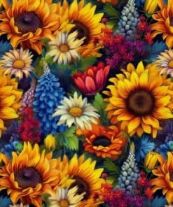 Vibrant floral pattern featuring sunflowers, daisies, and colorful blooms on a dark background