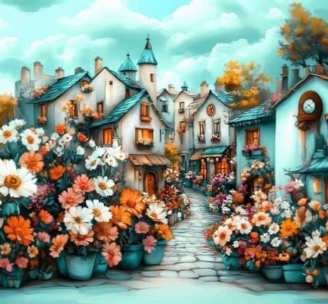Whimsical fairy tale village with white stone buildings, green roofs, and turrets surrounded by colorful orange and white flowers in pots
