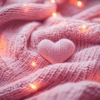 Pink knitted heart surrounded by warm fairy lights on a cozy sweater fabric background