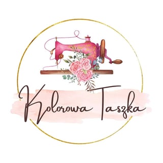 Kolorowa Taszka logo featuring a pink vintage sewing machine with flowers inside a gold circle