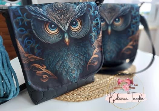Decorative owl-patterned pouches with intricate blue and gold designs and large owl faces with striking eyes