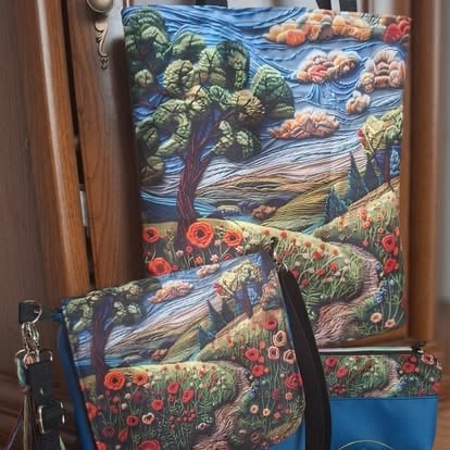 Vibrant tapestry and pillows featuring swirling night sky, rolling hills, trees, and red poppies in van Gogh Starry Night style