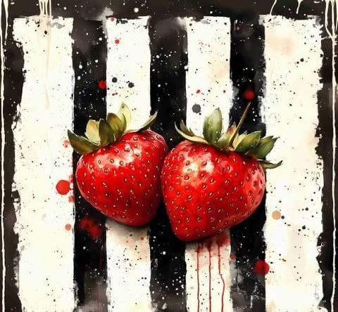 Two fresh red strawberries with green leaves on a black and white striped background with paint splatters and drips