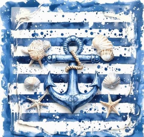 Blue and white striped nautical art with anchor, rope, starfish, and seashells on weathered background