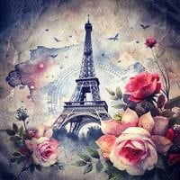 Artistic collage of the Eiffel Tower surrounded by colorful roses, watercolor brushstrokes, birds, and floral elements