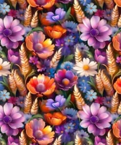 Colorful seamless pattern of purple, pink, orange, and blue flowers with golden fern leaves on dark background