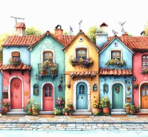 Row of colorful Mediterranean-style townhouses in pastel blue, yellow, and red with terracotta roofs and flowering planters
